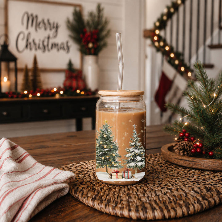 Oh Christmas Tree Glass Tumbler 17oz Bamboo Lid Straw Holiday Great Holiday Gift