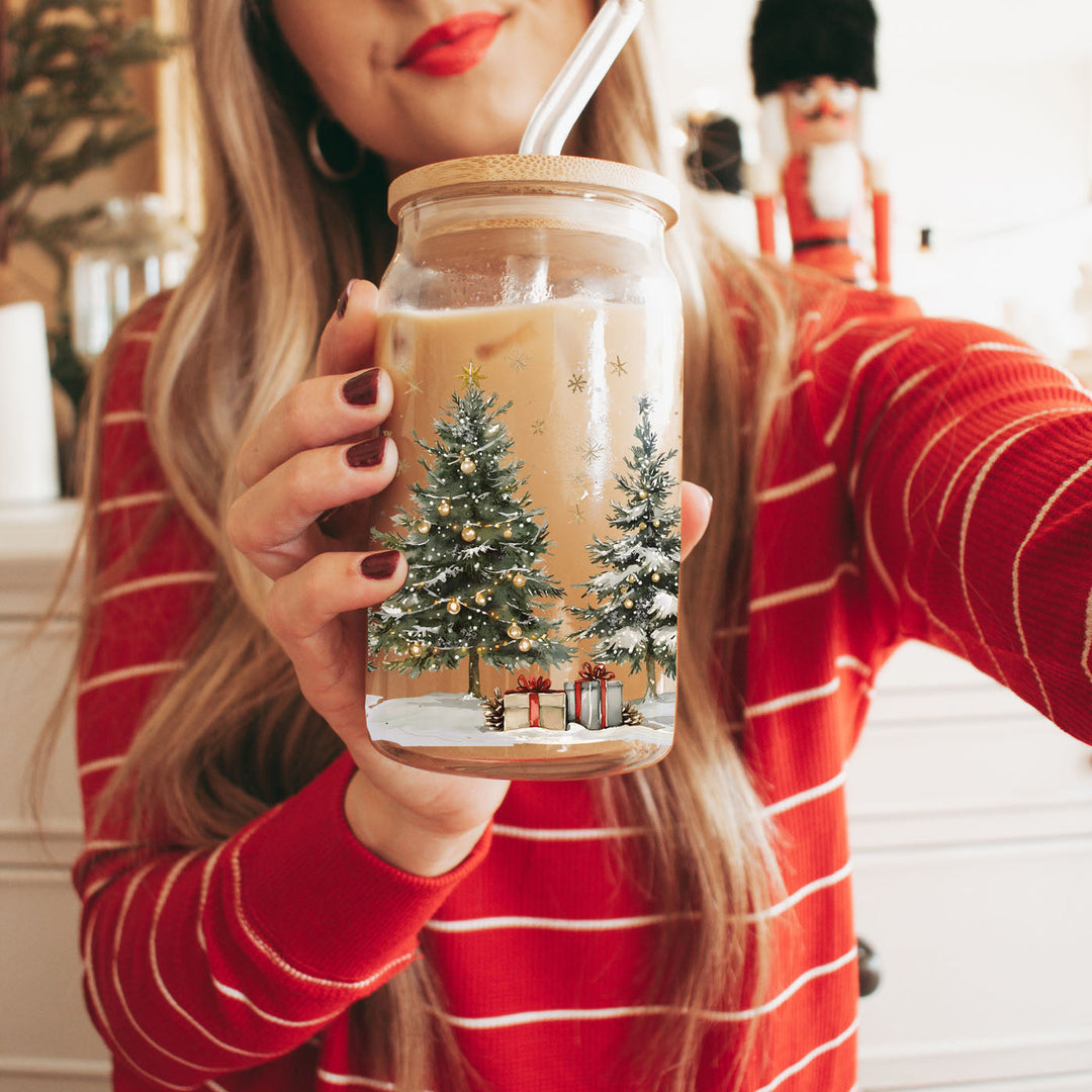Oh Christmas Tree Glass Tumbler 17oz Bamboo Lid Straw Holiday Great Holiday Gift