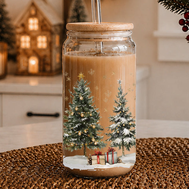 Oh Christmas Tree Glass Tumbler 17oz Bamboo Lid Straw Holiday Great Holiday Gift