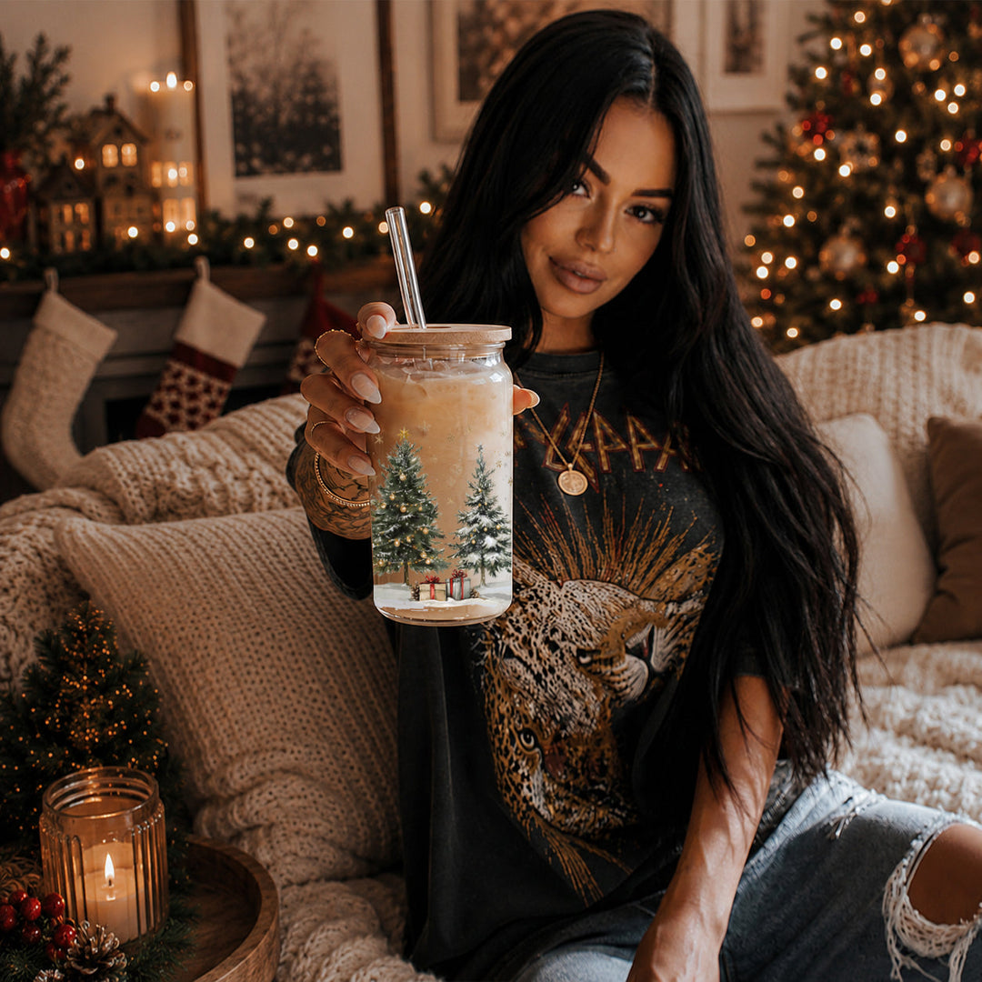 Oh Christmas Tree Glass Tumbler 17oz Bamboo Lid Straw Holiday Great Holiday Gift