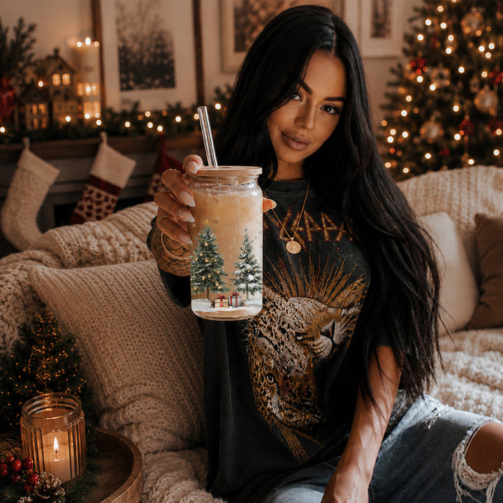 Oh Christmas Tree Glass Tumbler 17oz Bamboo Lid Straw Holiday Great Holiday Gift