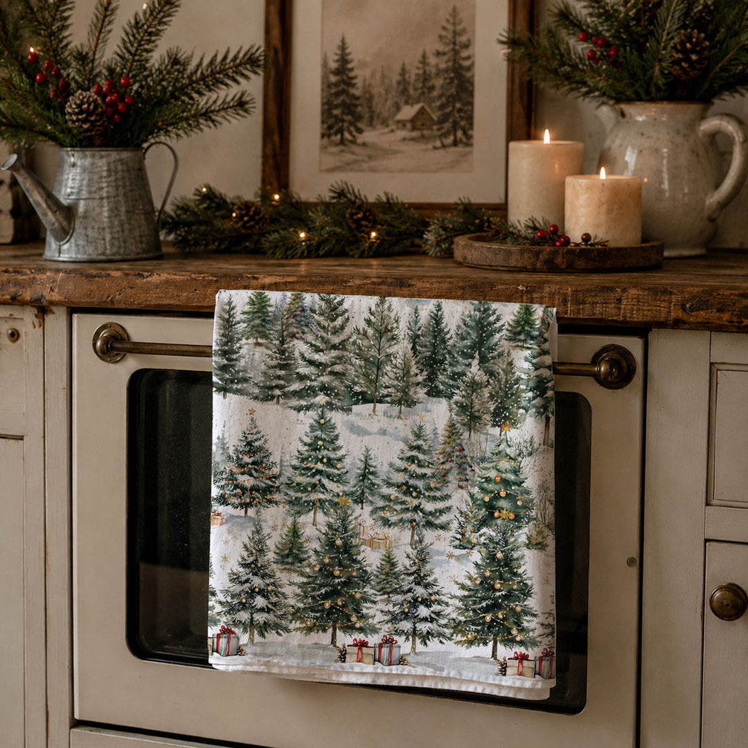 Winter Trees Christmas Kitchen Tea Towel Holiday Forest Decor Great Holiday Gift