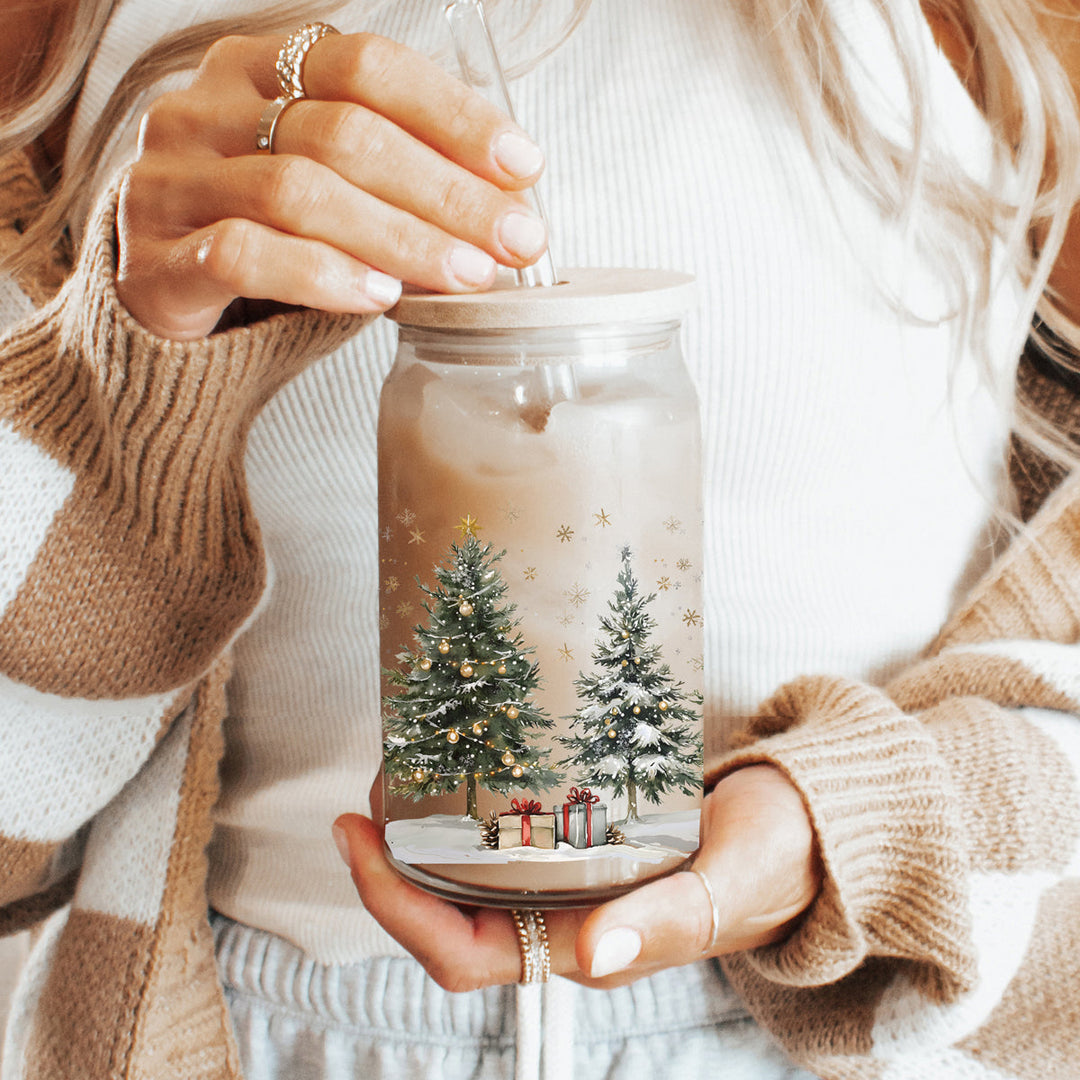 Oh Christmas Tree Glass Tumbler 17oz Bamboo Lid Straw Holiday Great Holiday Gift
