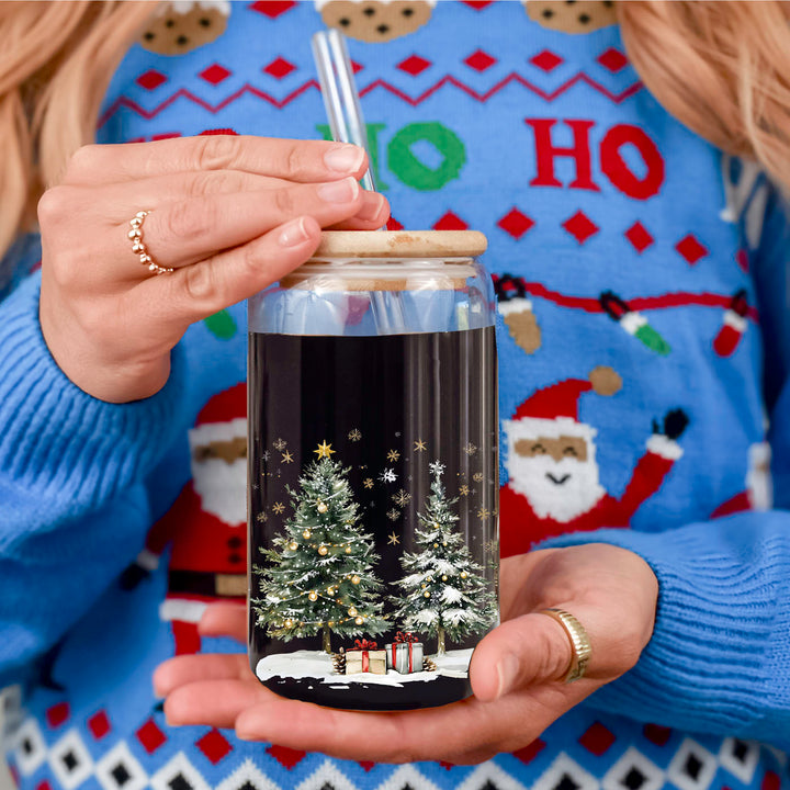 Oh Christmas Tree Glass Tumbler 17oz Bamboo Lid Straw Holiday Great Holiday Gift