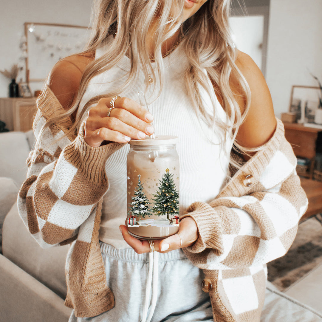 Oh Christmas Tree Glass Tumbler 17oz Bamboo Lid Straw Holiday Great Holiday Gift