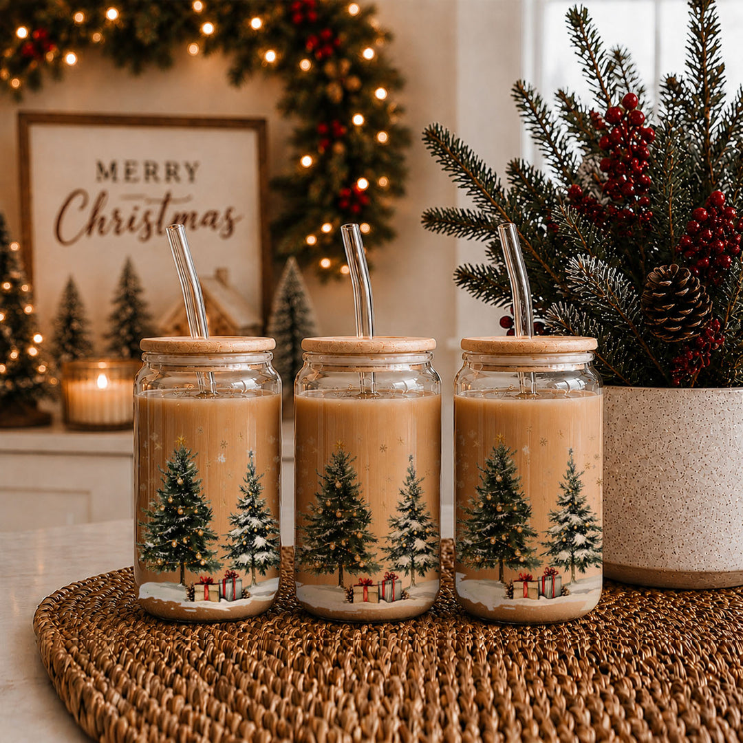 Oh Christmas Tree Glass Tumbler 17oz Bamboo Lid Straw Holiday Great Holiday Gift