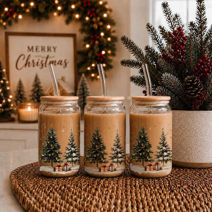 Oh Christmas Tree Glass Tumbler 17oz Bamboo Lid Straw Holiday Great Holiday Gift