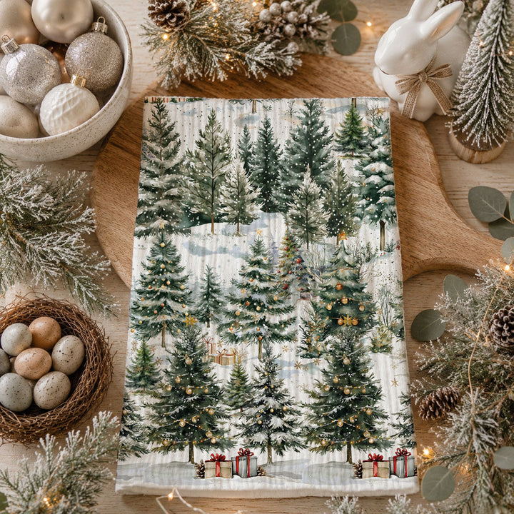 Winter Trees Christmas Kitchen Tea Towel Holiday Forest Decor Great Holiday Gift