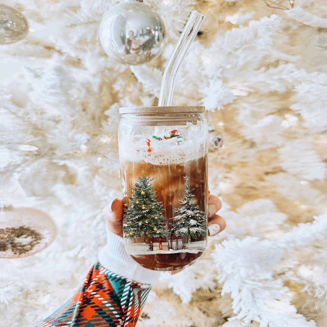 Oh Christmas Tree Glass Tumbler 17oz Bamboo Lid Straw Holiday Great Holiday Gift