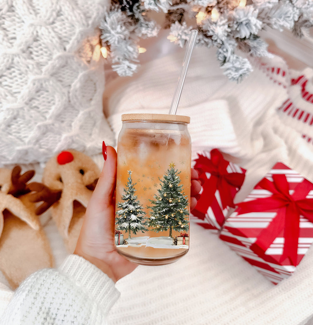 Oh Christmas Tree Glass Tumbler 17oz Bamboo Lid Straw Holiday Great Holiday Gift