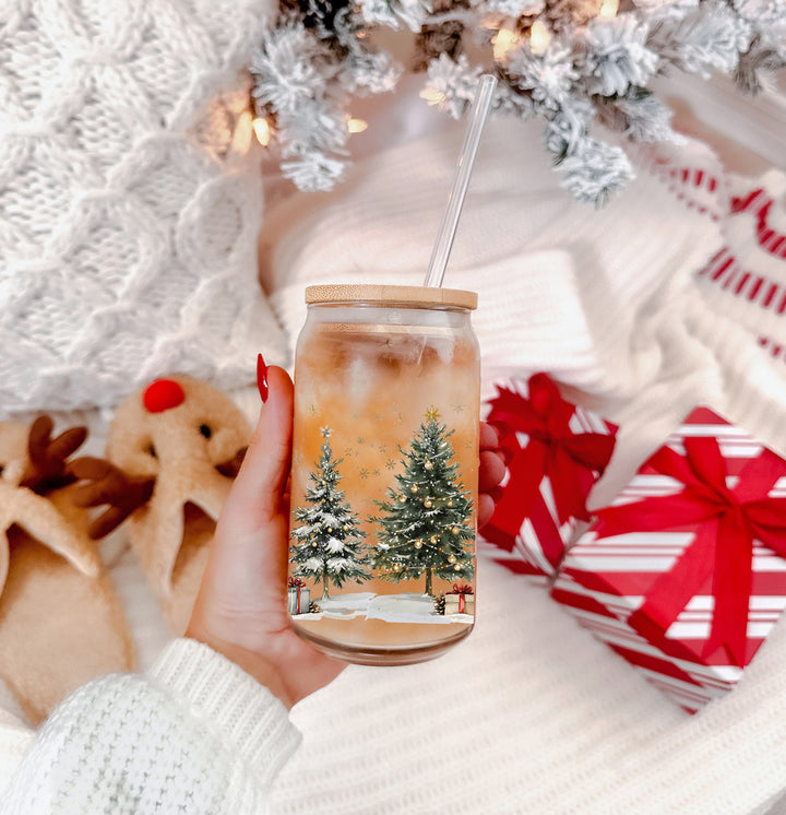 Oh Christmas Tree Glass Tumbler 17oz Bamboo Lid Straw Holiday Great Holiday Gift