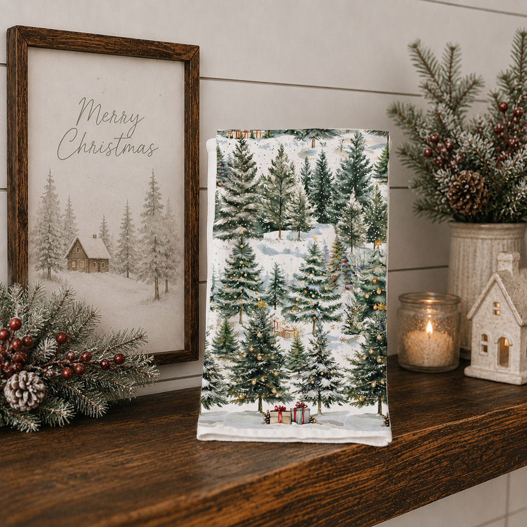Winter Trees Christmas Kitchen Tea Towel Holiday Forest Decor Great Holiday Gift