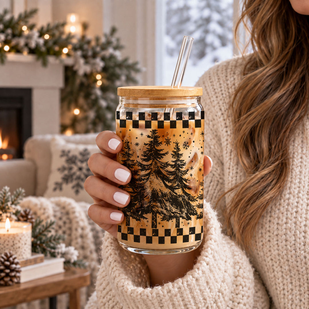 Retro Christmas Tree Glass Tumbler 17oz Bamboo Lid Straw Great Gift for Friends