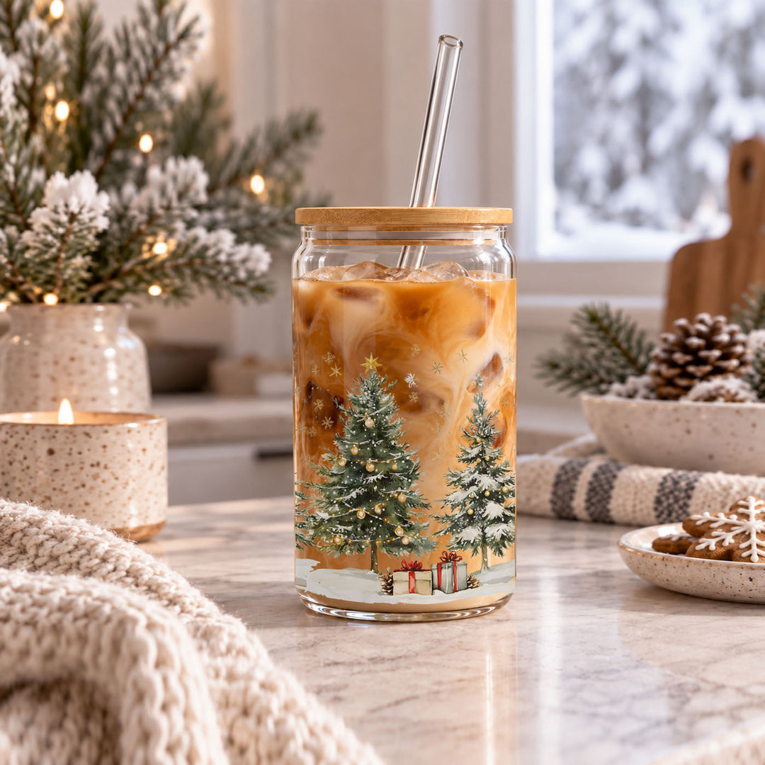 Oh Christmas Tree Glass Tumbler 17oz Bamboo Lid Straw Holiday Great Holiday Gift