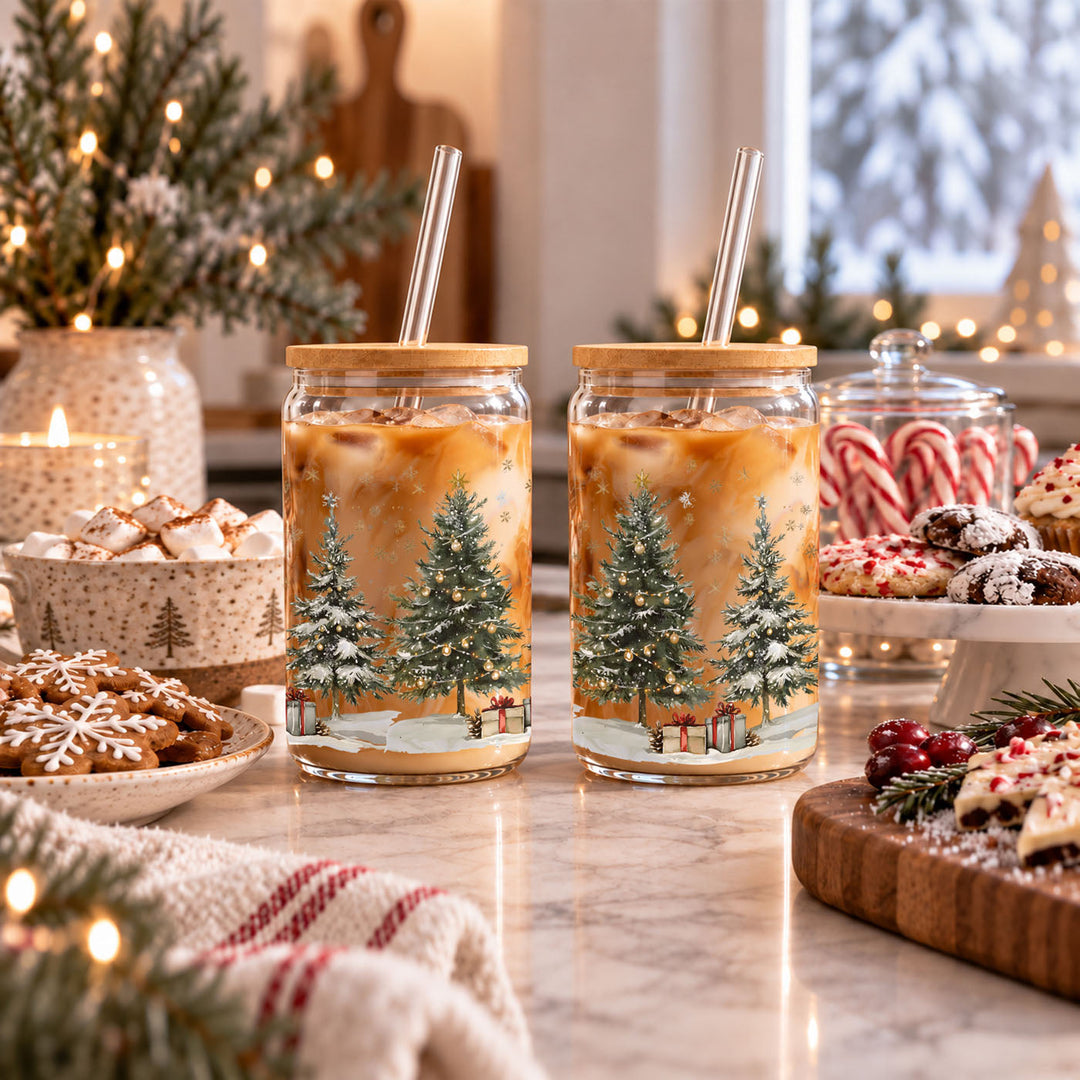 Oh Christmas Tree Glass Tumbler 17oz Bamboo Lid Straw Holiday Great Holiday Gift