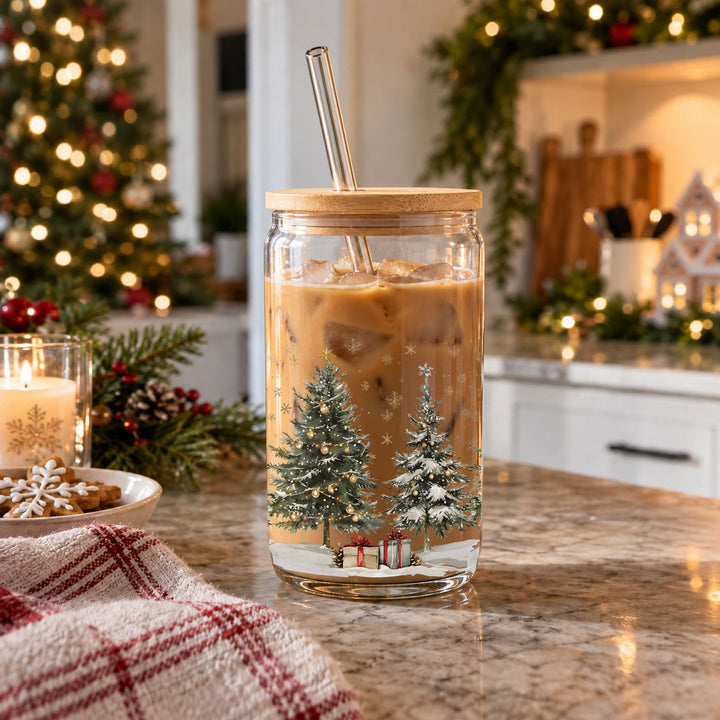 Oh Christmas Tree Glass Tumbler 17oz Bamboo Lid Straw Holiday Great Holiday Gift