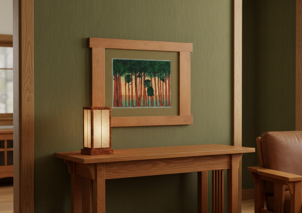 Arts &amp; Crafts Mission Oak Framed Art with Silent Forest Michael&