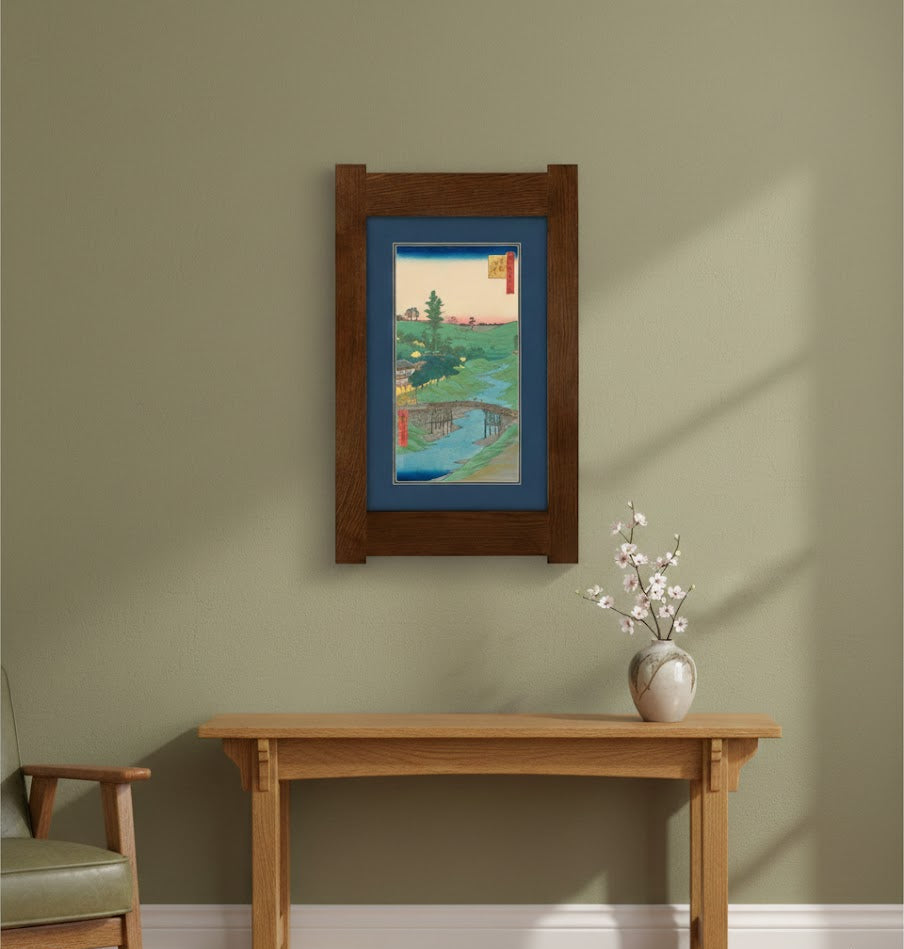 Arts &amp; Crafts Mission Oak Framed Art with Serene River Landscape Walnut finish