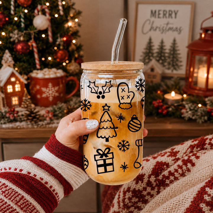 Christmas Variety Glass Tumbler 17oz Bamboo Lid Straws Holiday Fun Gifts for Her