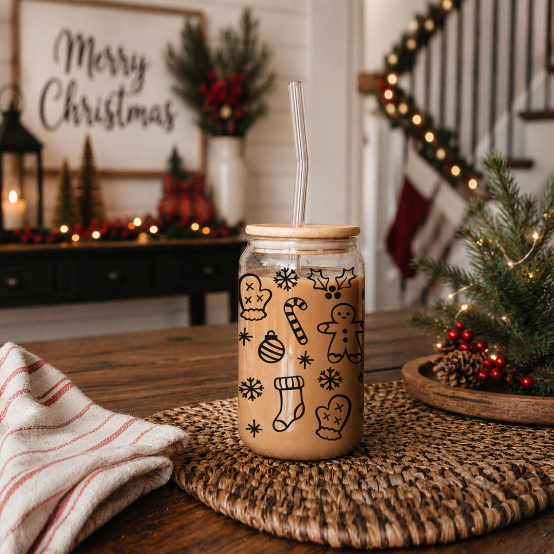 Christmas Variety Glass Tumbler 17oz Bamboo Lid Straws Holiday Fun Gifts for Her