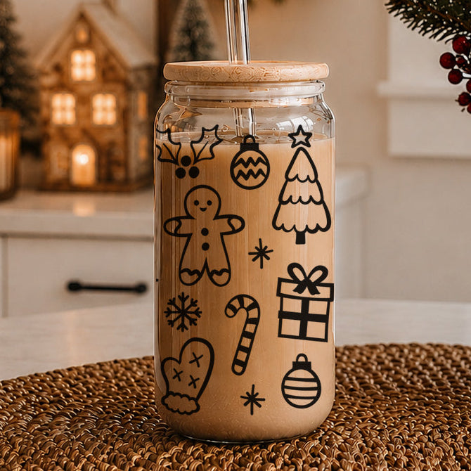 Christmas Variety Glass Tumbler 17oz Bamboo Lid Straws Holiday Fun Gifts for Her