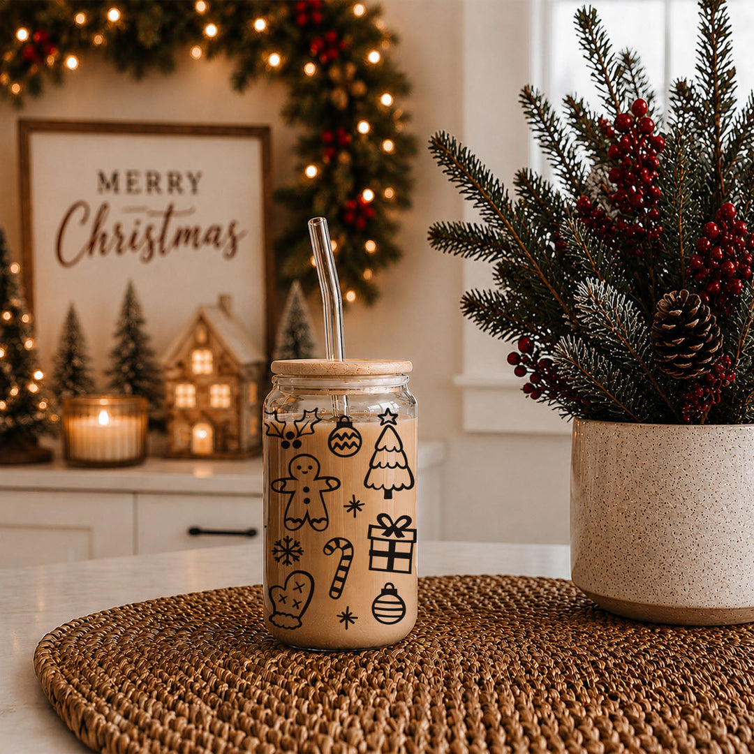 Christmas Variety Glass Tumbler 17oz Bamboo Lid Straws Holiday Fun Gifts for Her