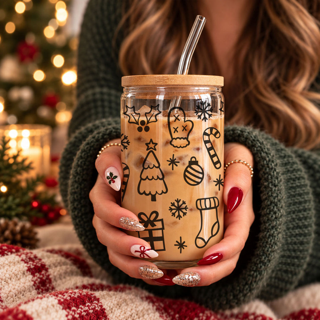 Christmas Variety Glass Tumbler 17oz Bamboo Lid Straws Holiday Fun Gifts for Her