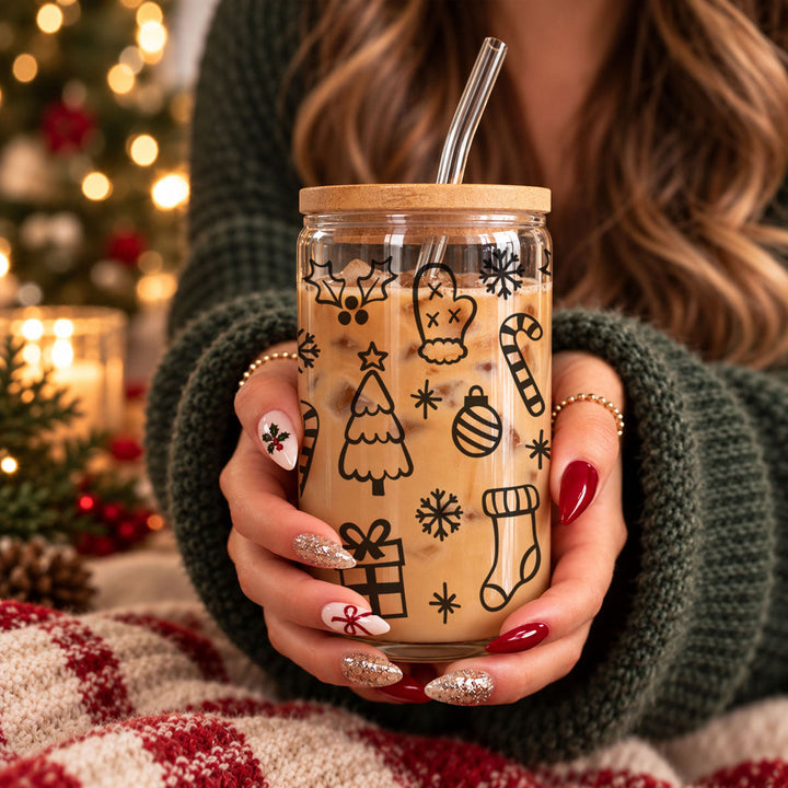 Christmas Variety Glass Tumbler 17oz Bamboo Lid Straws Holiday Fun Gifts for Her