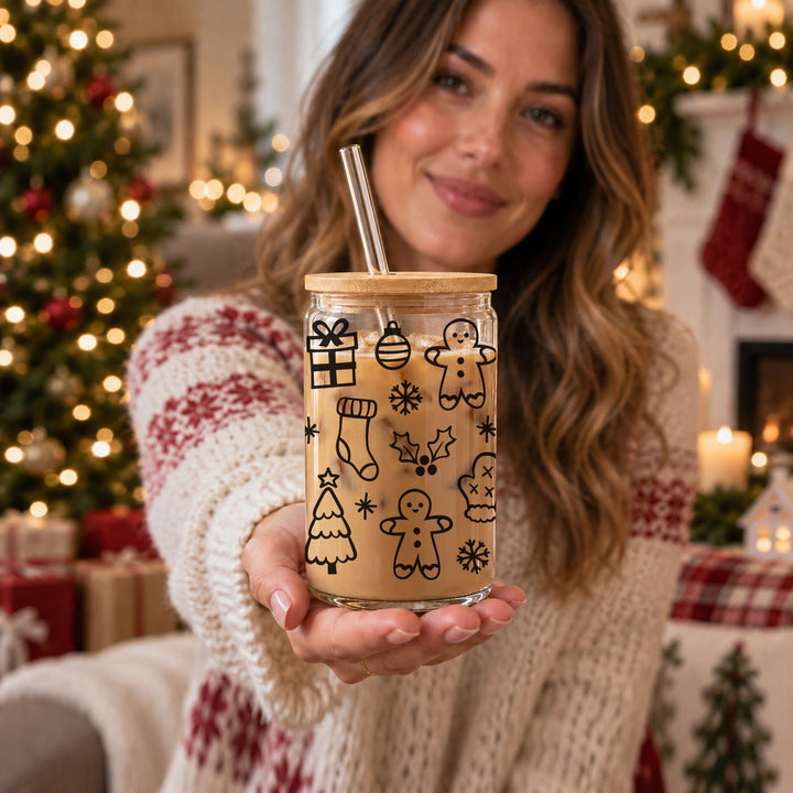 Christmas Variety Glass Tumbler 17oz Bamboo Lid Straws Holiday Fun Gifts for Her