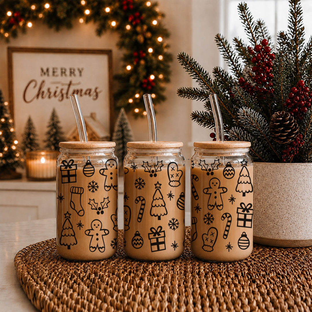 Christmas Variety Glass Tumbler 17oz Bamboo Lid Straws Holiday Fun Gifts for Her