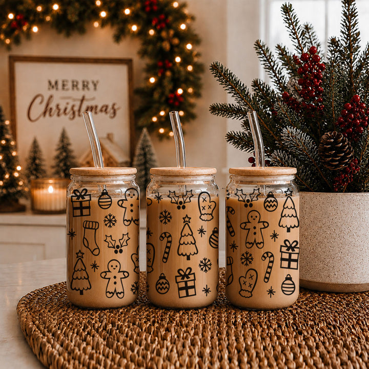 Christmas Variety Glass Tumbler 17oz Bamboo Lid Straws Holiday Fun Gifts for Her