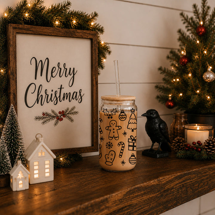 Christmas Variety Glass Tumbler 17oz Bamboo Lid Straws Holiday Fun Gifts for Her
