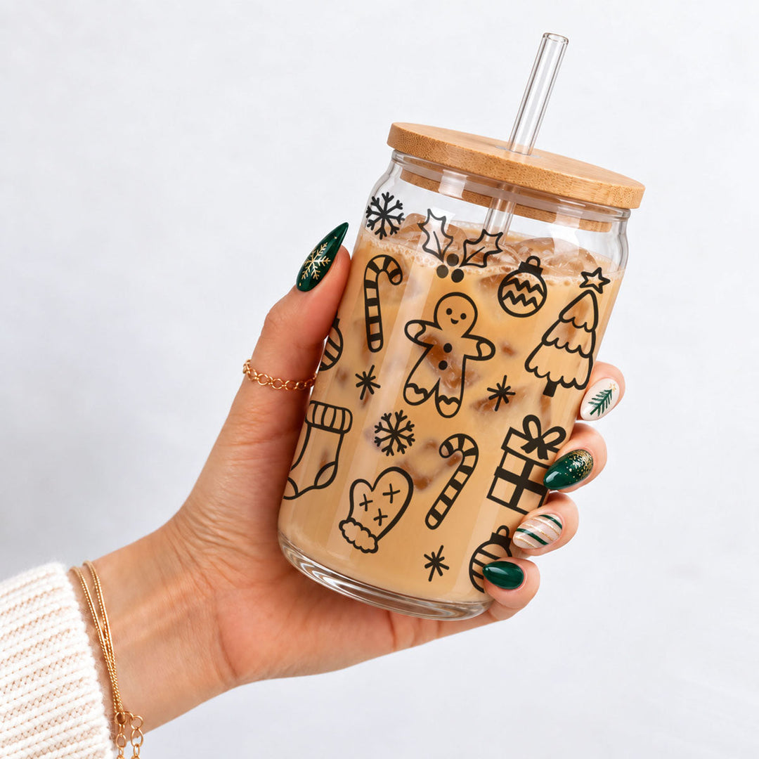 Christmas Variety Glass Tumbler 17oz Bamboo Lid Straws Holiday Fun Gifts for Her