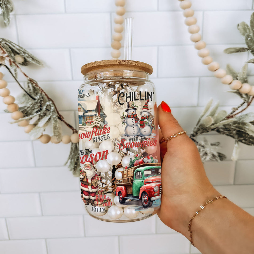 Vintage Christmas Glass Tumbler 17oz Bamboo Lid Straws Holiday Fun Gifts for Her