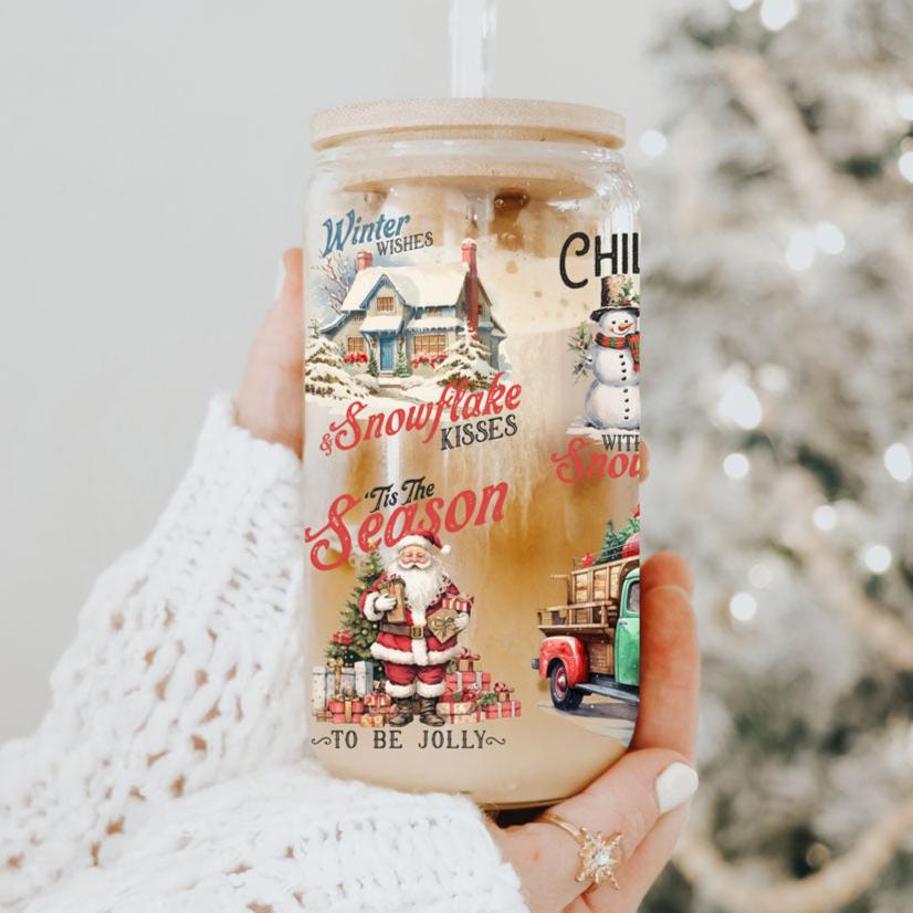 Vintage Christmas Glass Tumbler 17oz Bamboo Lid Straws Holiday Fun Gifts for Her