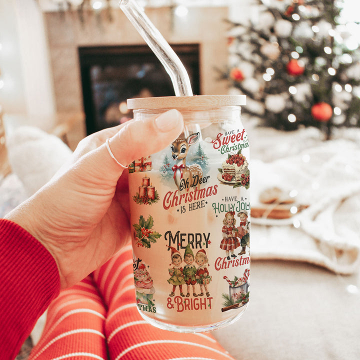 Vintage Christmas Glass Tumbler 17oz Bamboo Lid Straws Holiday Fun Gifts for Her