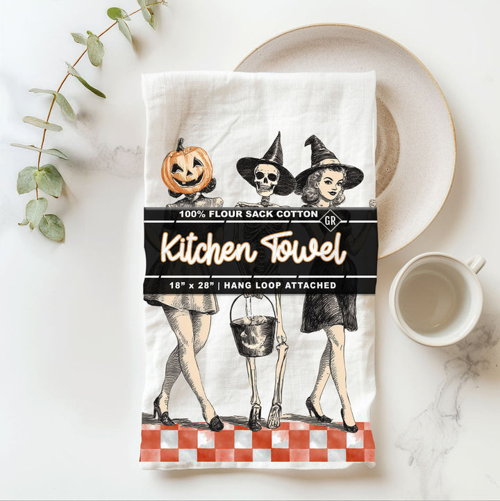 Vintage Halloween Trio Kitchen Tea Towel Pumpkin Skeleton Witch Decor Great Gift