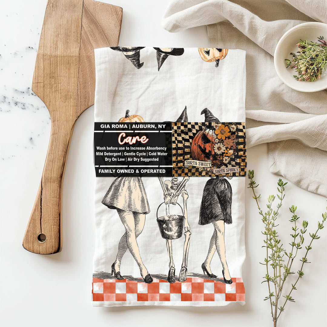 Vintage Halloween Trio Kitchen Tea Towel Pumpkin Skeleton Witch Decor Great Gift