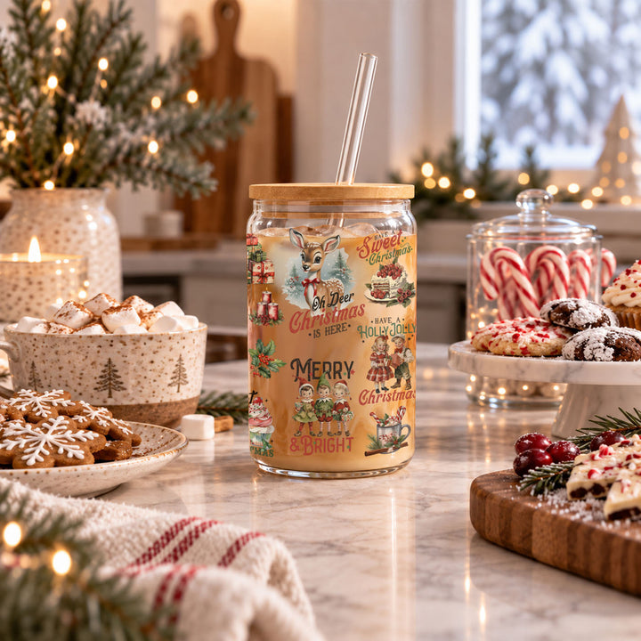 Vintage Christmas Glass Tumbler 17oz Bamboo Lid Straws Holiday Fun Gifts for Her