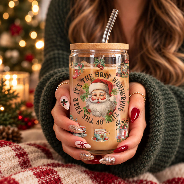 Vintage Christmas Glass Tumbler 17oz Bamboo Lid Straws Holiday Fun Gifts for Her