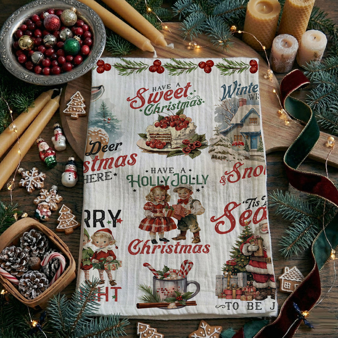 Vintage Christmas Flour Sack Cotton Kitchen Tea Towel Holiday Decor Great Gifts