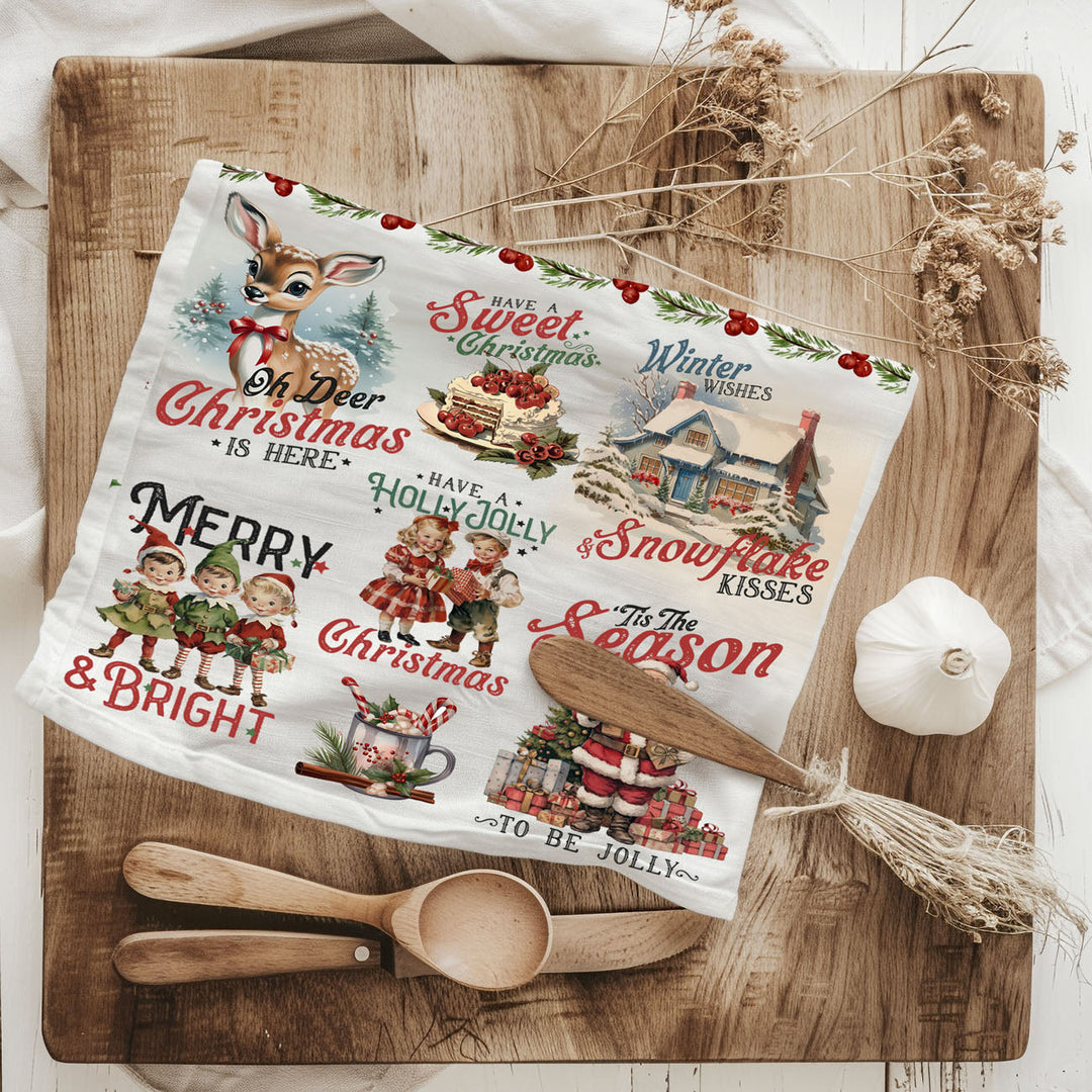 Vintage Christmas Flour Sack Cotton Kitchen Tea Towel Holiday Decor Great Gifts