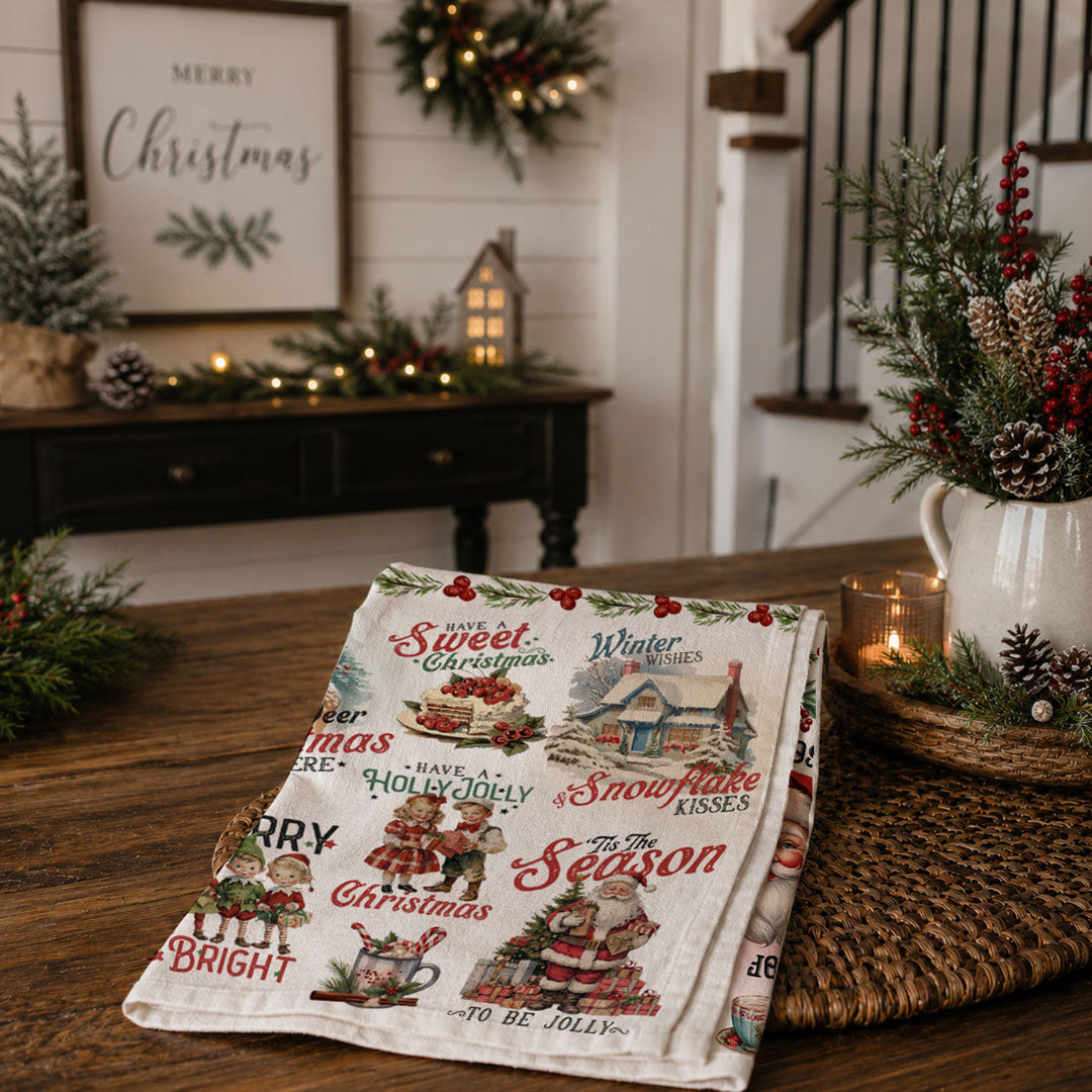 Vintage Christmas Flour Sack Cotton Kitchen Tea Towel Holiday Decor Great Gifts