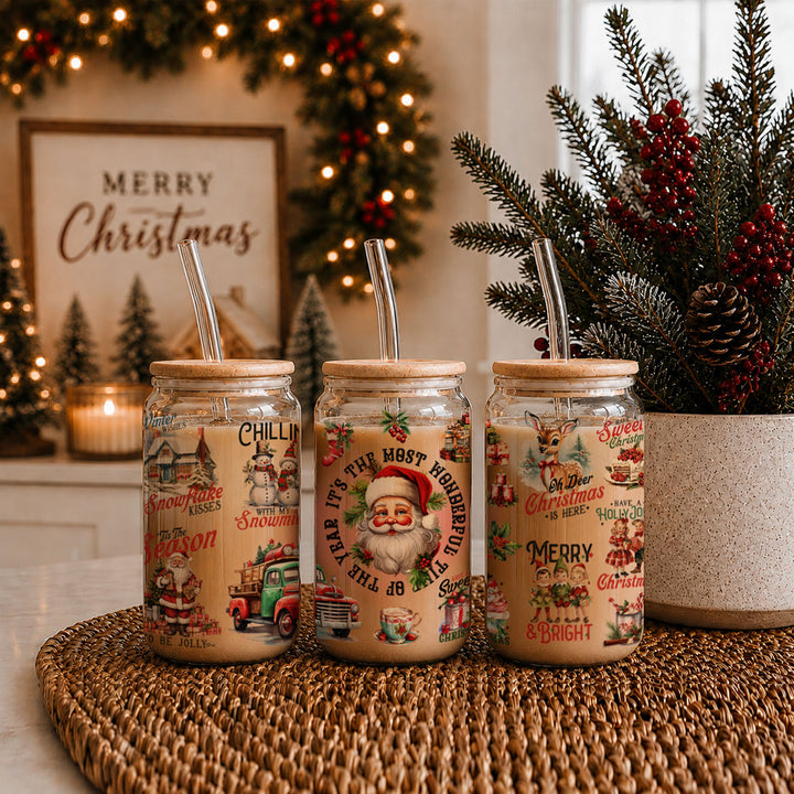 Vintage Christmas Glass Tumbler 17oz Bamboo Lid Straws Holiday Fun Gifts for Her