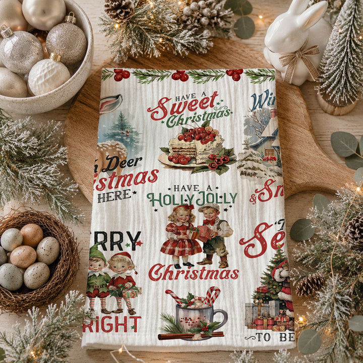 Vintage Christmas Flour Sack Cotton Kitchen Tea Towel Holiday Decor Great Gifts