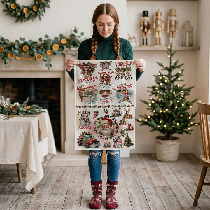 Vintage Christmas Flour Sack Cotton Kitchen Tea Towel Holiday Decor Great Gifts