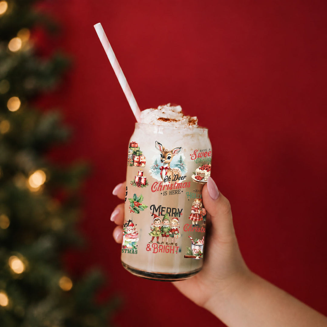 Vintage Christmas Glass Tumbler 17oz Bamboo Lid Straws Holiday Fun Gifts for Her