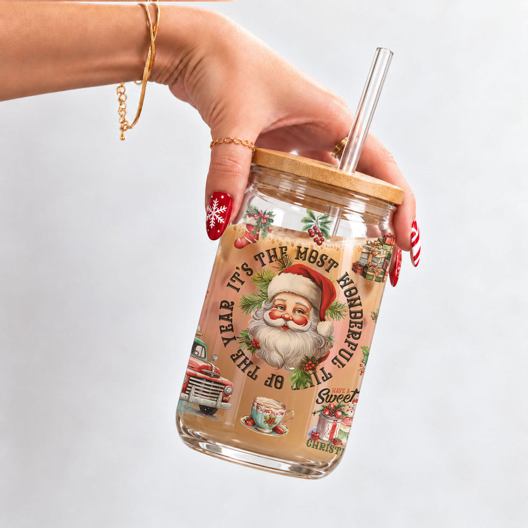 Vintage Christmas Glass Tumbler 17oz Bamboo Lid Straws Holiday Fun Gifts for Her