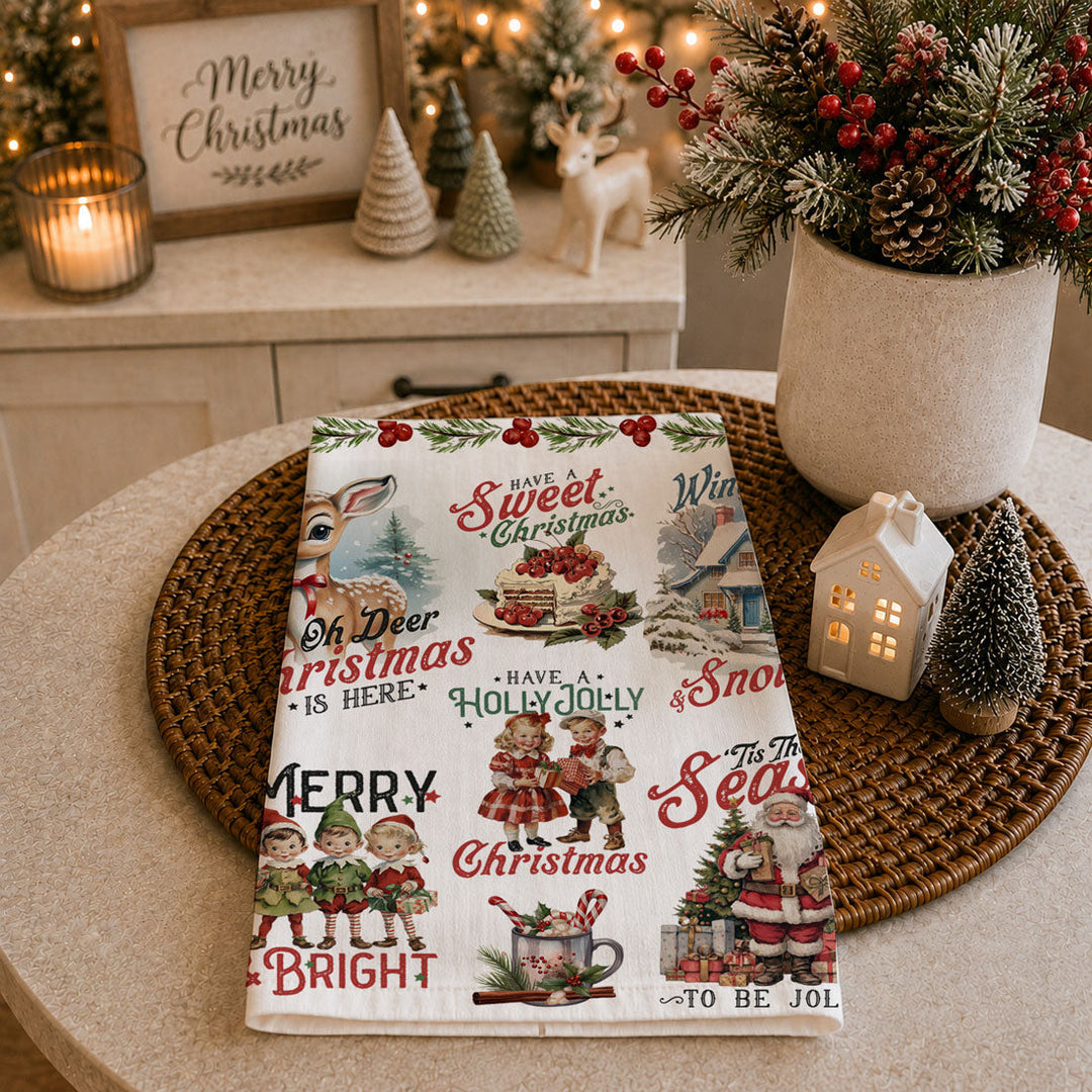 Vintage Christmas Flour Sack Cotton Kitchen Tea Towel Holiday Decor Great Gifts