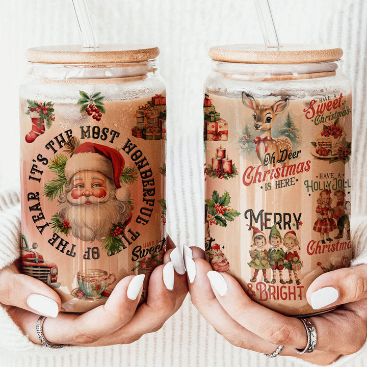 Vintage Christmas Glass Tumbler 17oz Bamboo Lid Straws Holiday Fun Gifts for Her